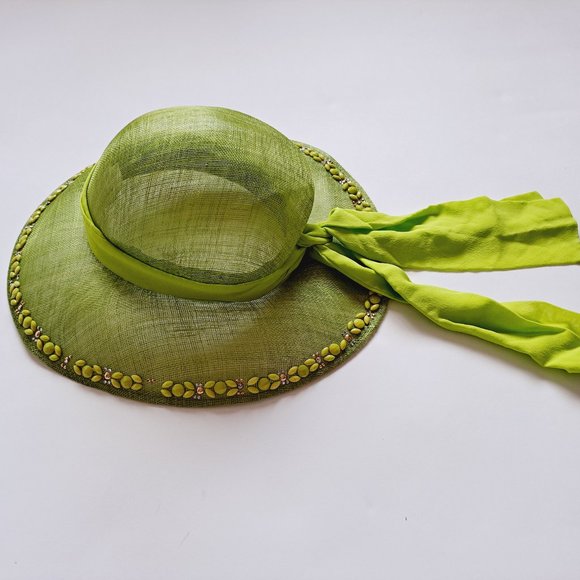 VDP Women's Italian Straw Silk Summer Beach Green Hat - Picture 15 of 15